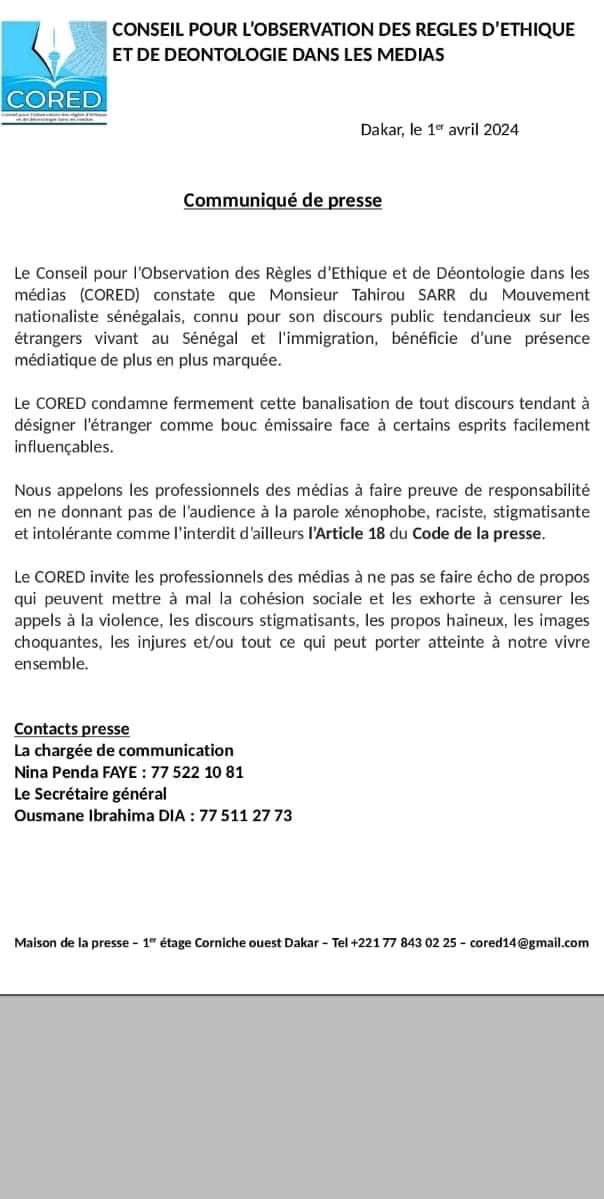 Discours nationaliste de Tahirou Sarr : le CORED met en garde les professionnels des médias Discours nationaliste de Tahirou Sarr : le CORED met en garde les professionnels des médias