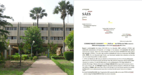 Absence de budget pour le fonctionnement de l'ENSA Thiès: l'intersyndicale décrète ce mardi un débrayage et un arrêt des activités administratives... Absence de budget pour le fonctionnement de l'ENSA Thiès: l'intersyndicale décrète ce mardi un débrayage et un arrêt des activités administratives...