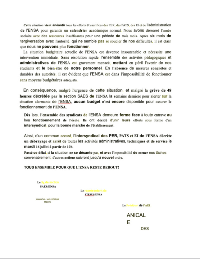 Absence de budget pour le fonctionnement de l'ENSA Thiès: l'intersyndicale décrète ce mardi un débrayage et un arrêt des activités administratives...