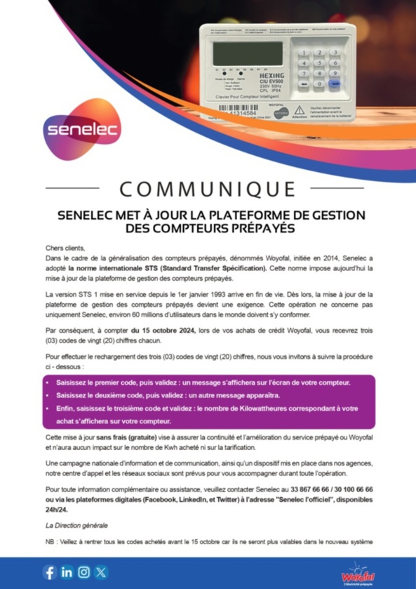 Senelec annonce un changement important concernant les compteurs Woyofal Senelec annonce un changement important concernant les compteurs Woyofal