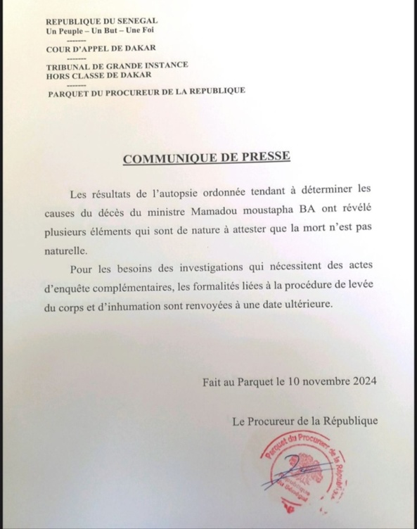 "La mort de Moustapha Ba n'est pas naturelle" (Procureur) "La mort de Moustapha Ba n'est pas naturelle" (Procureur)