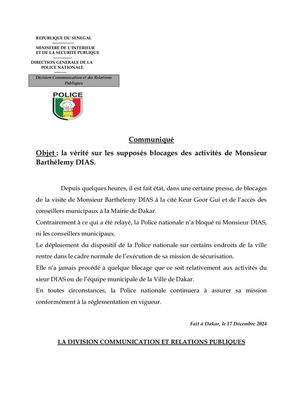 Supposés blocages des activités de Barthélemy Dias : La police dément et précise Supposés blocages des activités de Barthélemy Dias : La police dément et précise