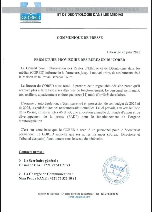 Faute de moyens financiers: Le CORED ferme provisoirement ses bureaux à la Maison de la Presse Babacar Touré Faute de moyens financiers: Le CORED ferme provisoirement ses bureaux à la Maison de la Presse Babacar Touré