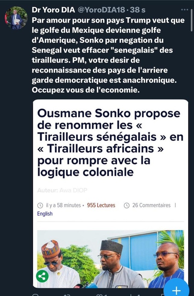 Dr. Yoro Dia, ancien Ministre : « Ousmane Sonko propose de renommer les « Tirailleurs sénégalais » en « Tirailleurs aficains », pour rompre avec la logique coloniale » Dr. Yoro Dia, ancien Ministre : « Ousmane Sonko propose de renommer les « Tirailleurs sénégalais » en « Tirailleurs aficains », pour rompre avec la logique coloniale »