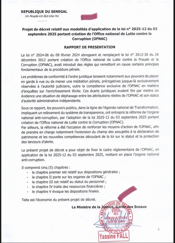 Document-Lutte contre la corruption : Diomaye Faye signe un nouveau décret pour encadrer l’OFNAC Document-Lutte contre la corruption : Diomaye Faye signe un nouveau décret pour encadrer l’OFNAC