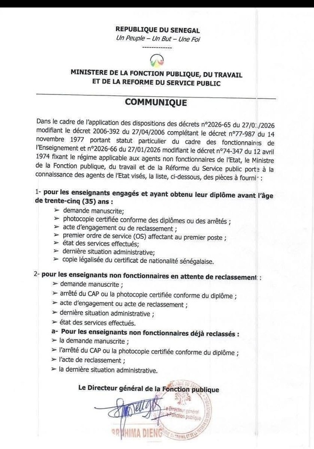 Reclassement des enseignants : le ministère de la Fonction publique fixe la liste des pièces à fournir