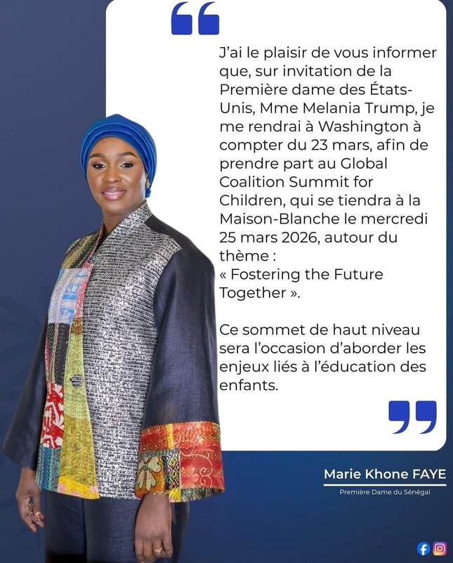 Washington : Marie Khone Faye attendue à la Maison-Blanche pour un sommet mondial sur l’enfance Washington : Marie Khone Faye attendue à la Maison-Blanche pour un sommet mondial sur l’enfance