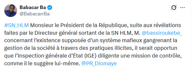 "Mafia au sein de la SN HLM" : La demande de Babacar Ba au président Diomaye Faye, après les propos de Bassirou Kébé "Mafia au sein de la SN HLM" : La demande de Babacar Ba au président Diomaye Faye, après les propos de Bassirou Kébé