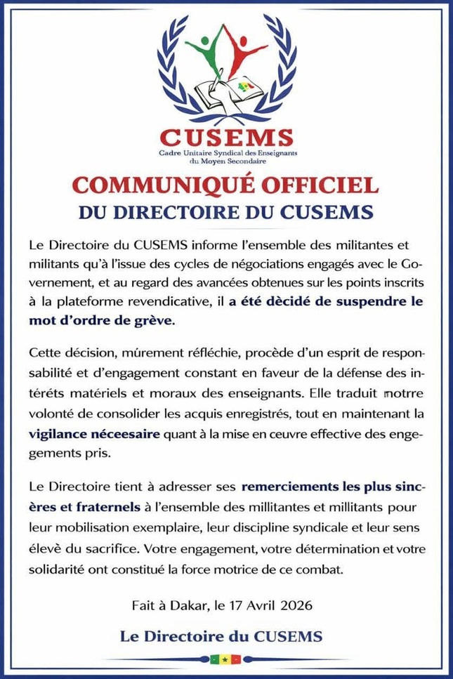 CUSEMS suspend son mot d’ordre de grève CUSEMS suspend son mot d’ordre de grève