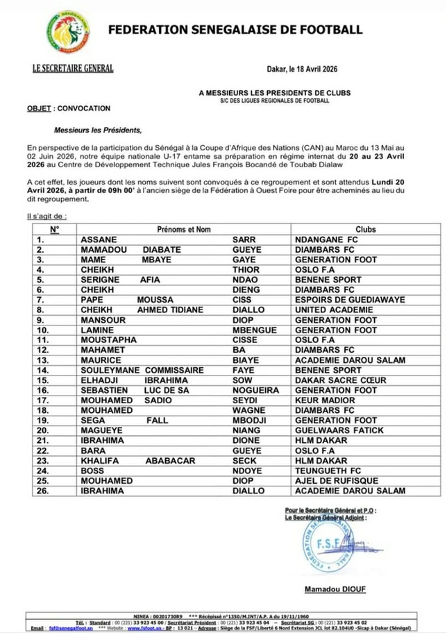 CAN U17 2026 : Lamine Sané dévoile sa première liste de préparation avec 26 joueurs convoqués CAN U17 2026 : Lamine Sané dévoile sa première liste de préparation avec 26 joueurs convoqués