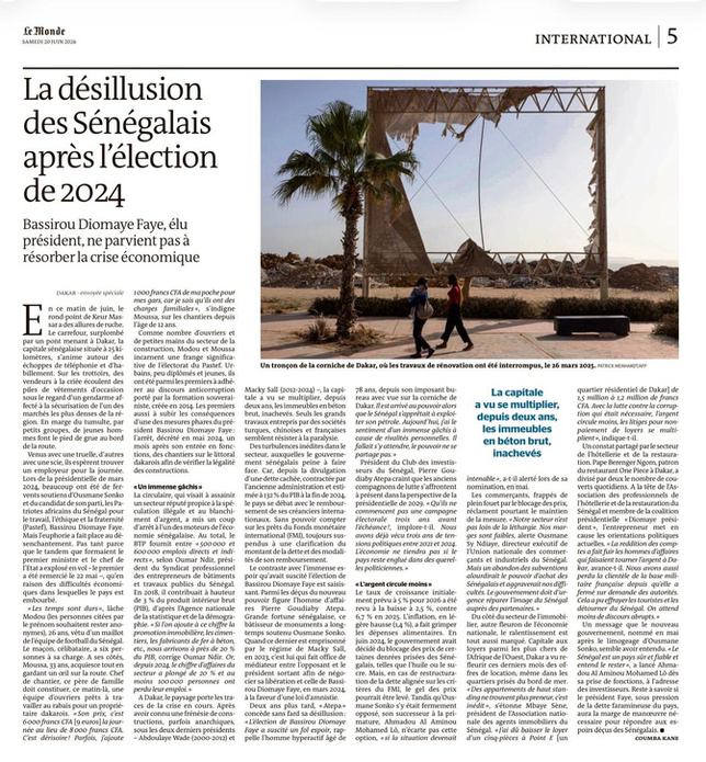 Le Monde : « La désillusion des Sénégalais après l’élection de 2024 » – Le quotidien français décrit un Sénégal confronté au ralentissement économique