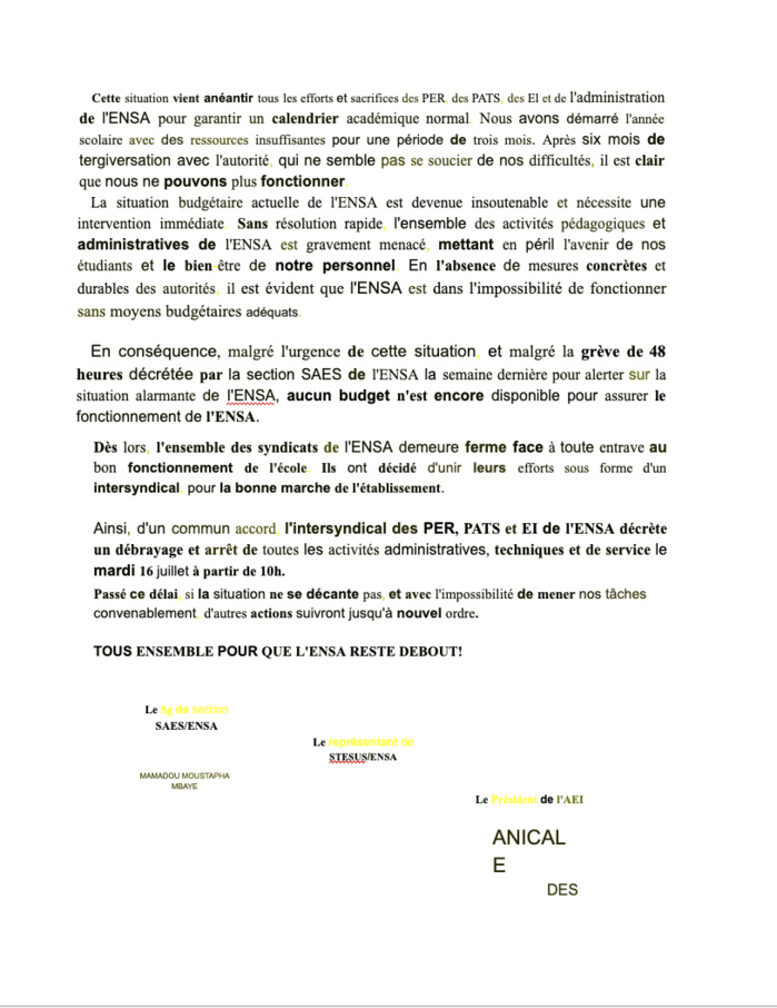 Absence de budget pour le fonctionnement de l'ENSA Thiès: l'intersyndicale décrète ce mardi un débrayage et un arrêt des activités administratives...