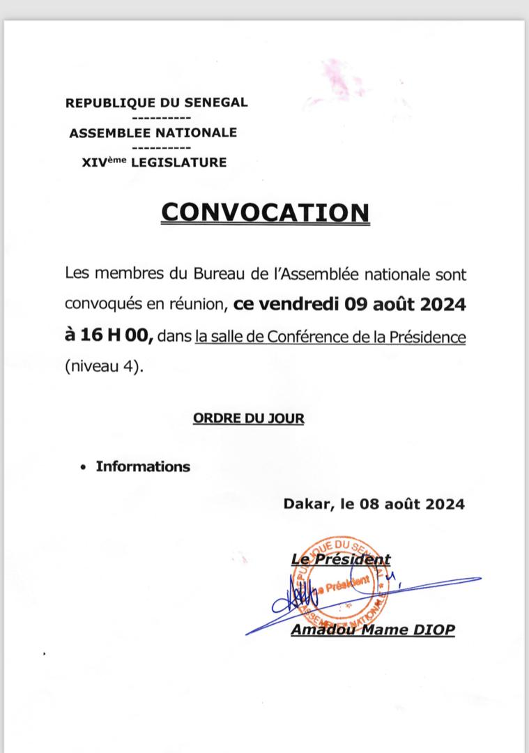 le bureau de l’assemblée nationale convoqué ce vendredi