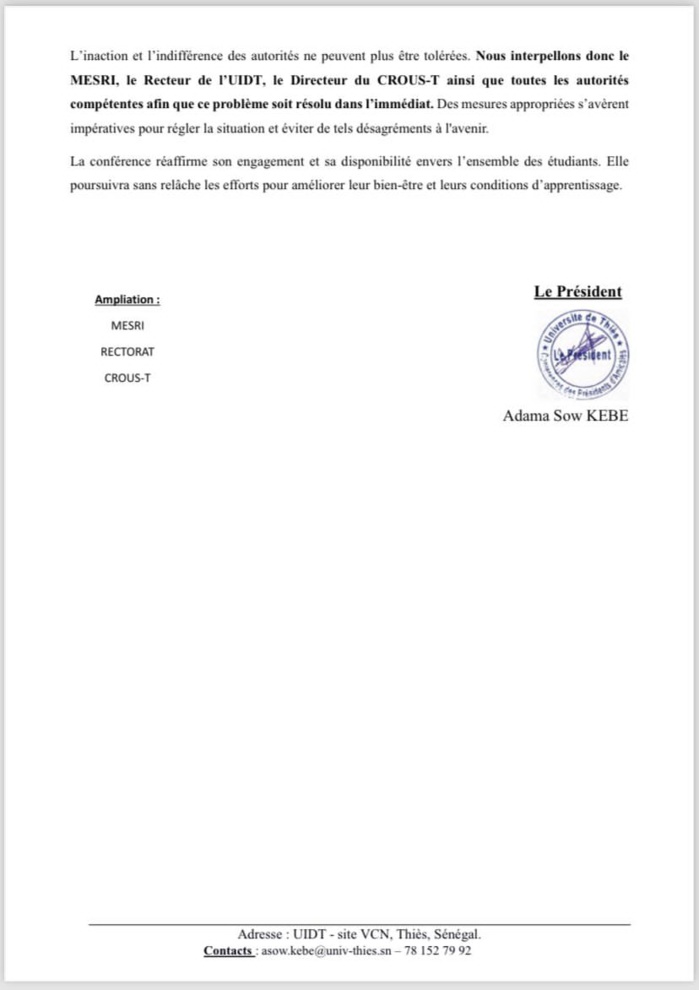 UIT de Thiès / Interruption de l'approvisionnement en eau : La Conférence des amicales d'étudiants décrète des journées sans ticket et le boycott du paiement des chambres