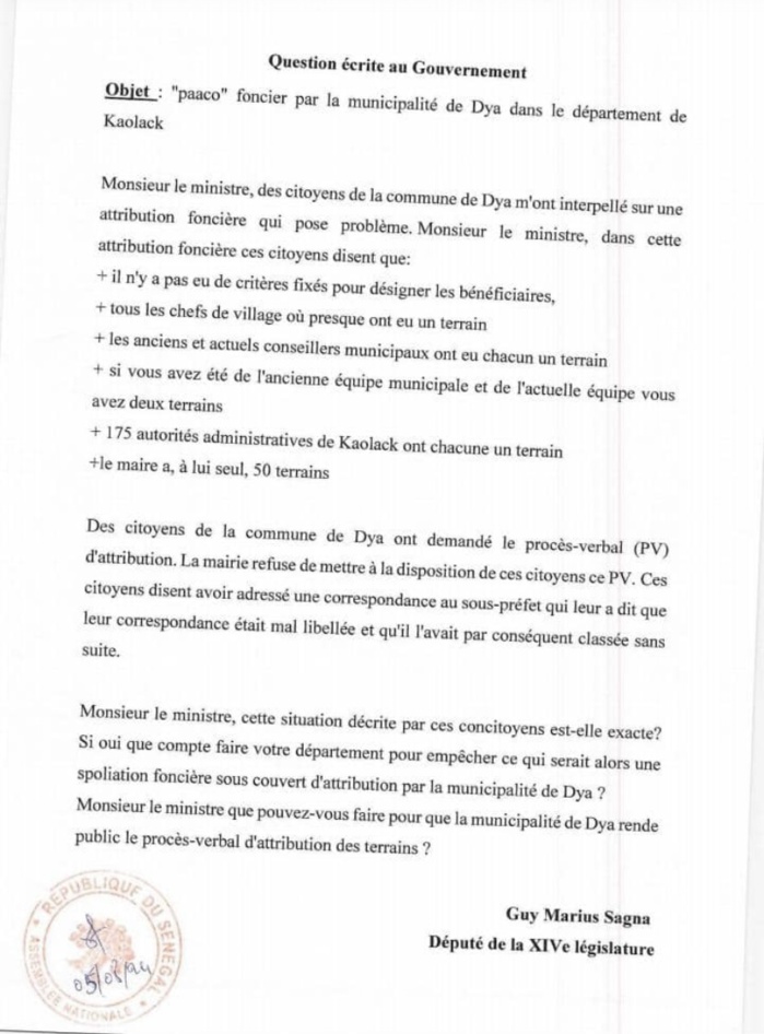 Scandale à Dya/ Attribution foncière contestée: Guy Marius Sagna interpelle le Gouvernement