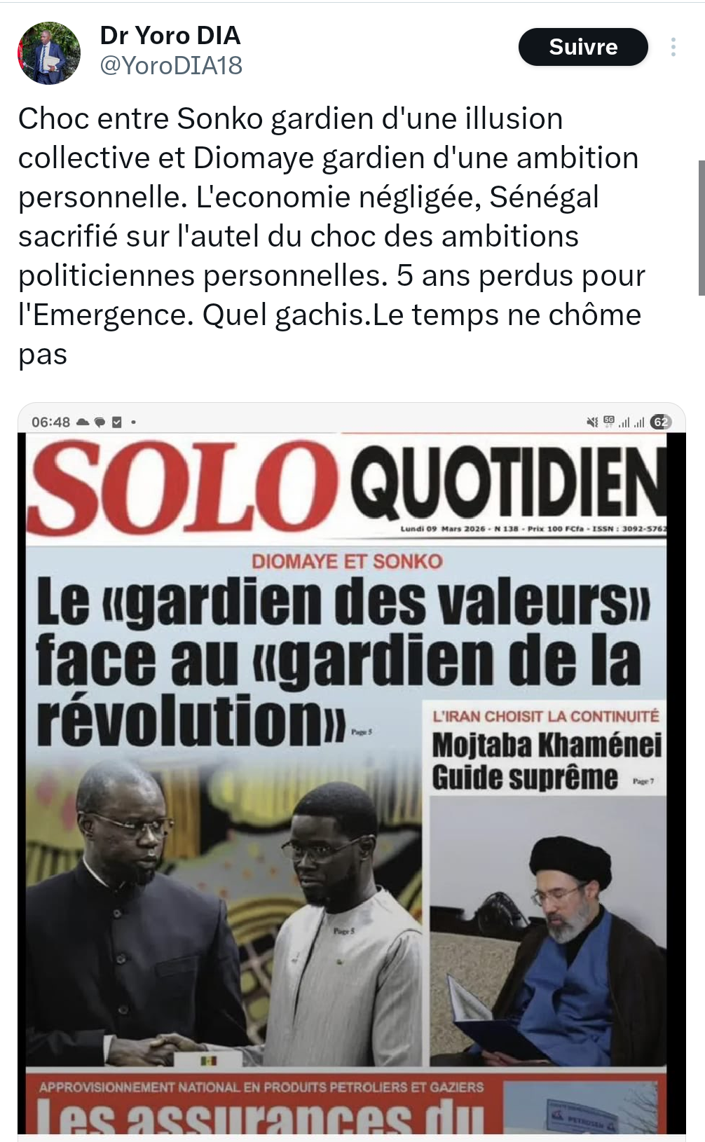 Crise au sommet de l'État : Le diagnostic sévère de Yoro Dia
