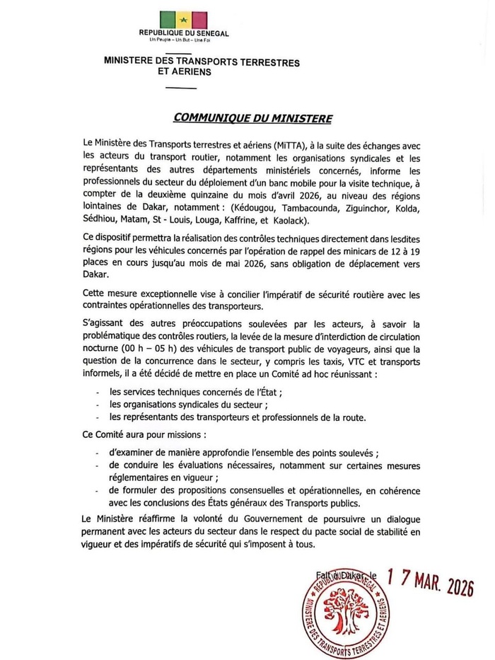 Transport : le MITTA annonce le déploiement d'un banc mobile dans les régions pour la visite technique...