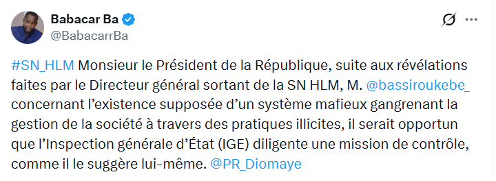 "Mafia au sein de la SN HLM" : La demande de Babacar Ba au président Diomaye Faye, après les propos de Bassirou Kébé
