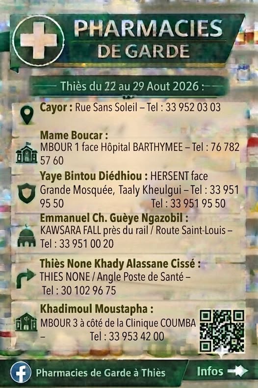 VOUS DONNER CHAQUE SEMAINE LA LISTE DES PHARMACIES DE GARDE DANS LA VILLE DE THIÈS