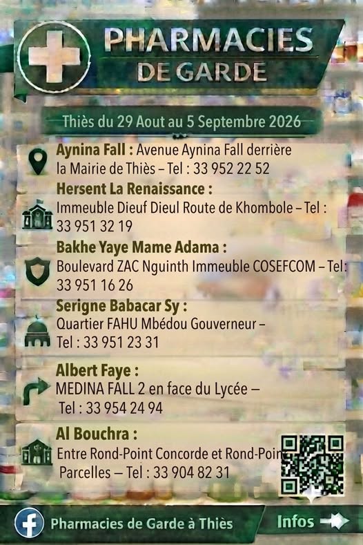 VOUS DONNER CHAQUE SEMAINE LA LISTE DES PHARMACIES DE GARDE DANS LA VILLE DE THIÈS