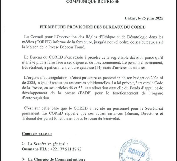Faute de moyens financiers: Le CORED ferme provisoirement ses bureaux à la Maison de la Presse Babacar Touré