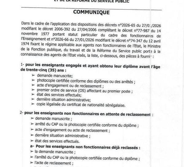 Reclassement des enseignants : le ministère de la Fonction publique fixe la liste des pièces à fournir