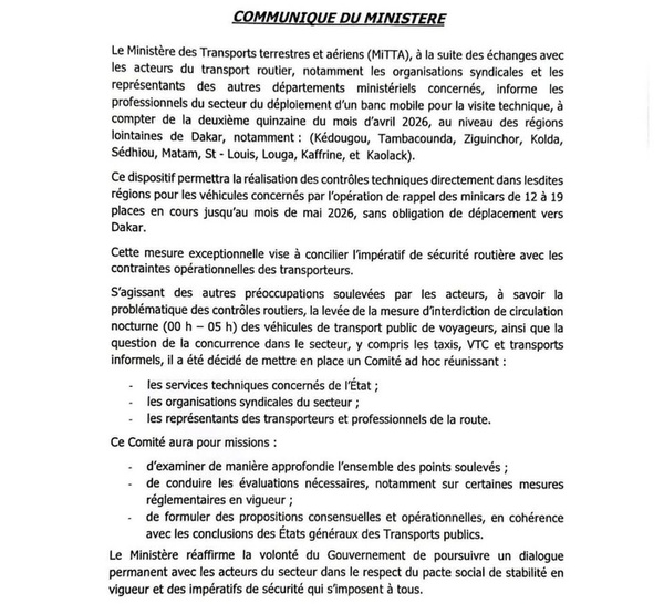 Transport : le MITTA annonce le déploiement d'un banc mobile dans les régions pour la visite technique...