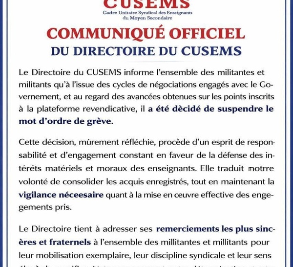CUSEMS suspend son mot d’ordre de grève