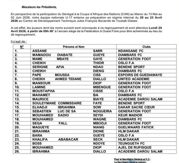 CAN U17 2026 : Lamine Sané dévoile sa première liste de préparation avec 26 joueurs convoqués