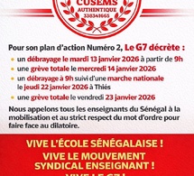 Éducation- Le G7 décréte son deuxième plan d’actions: une grève totale le mercredi 14 janvier, une marche nationale le jeudi 22 janvier à Thiès...